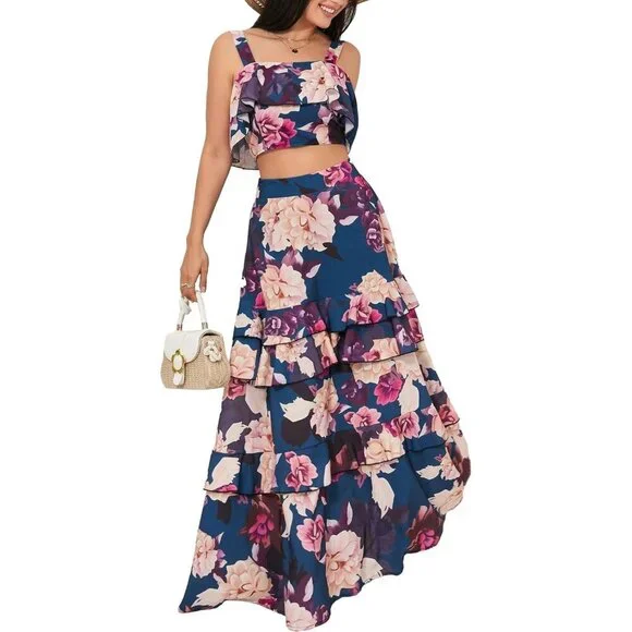 Women's Floral 2 Piece Outfit Crop Top & Maxi Skirt Summer Beach Vacation